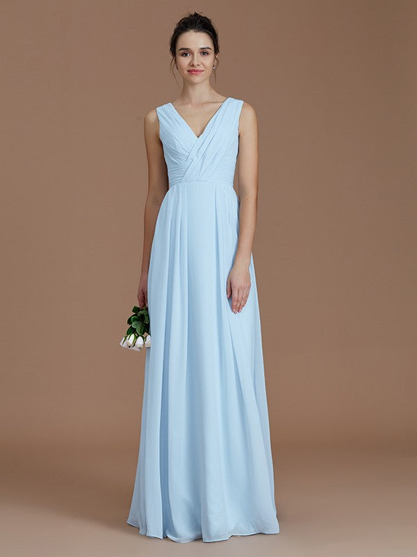 V-Neck Elegant Sleeveless Ruched Chiffon Bridesmaid Dresses-Ballbella