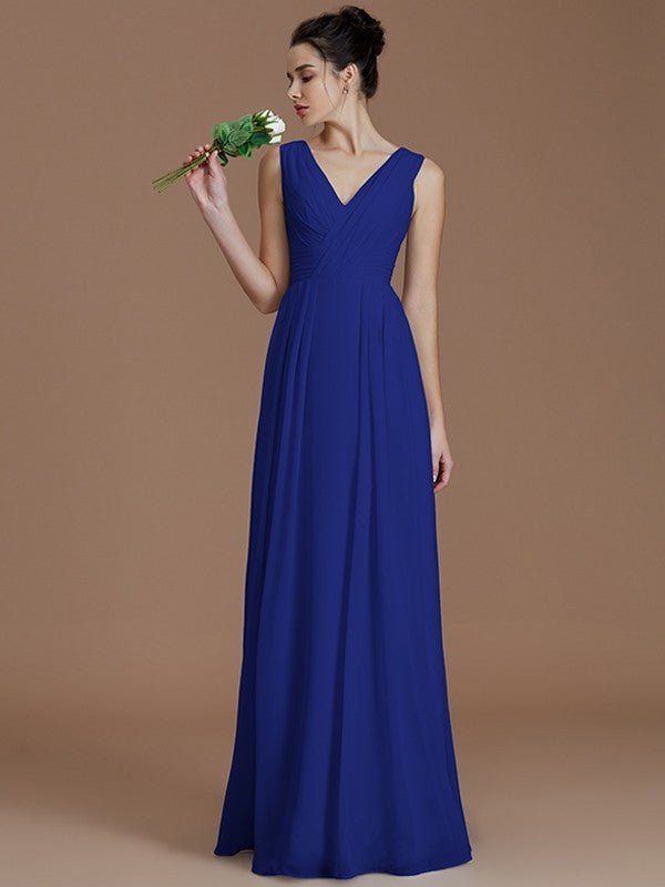 V-Neck Elegant Sleeveless Ruched Chiffon Bridesmaid Dresses-Ballbella