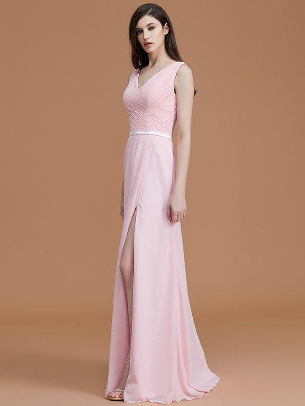 V-Neck Elegant Sleeveless Ruched Chiffon Bridesmaid Dresses-Ballbella