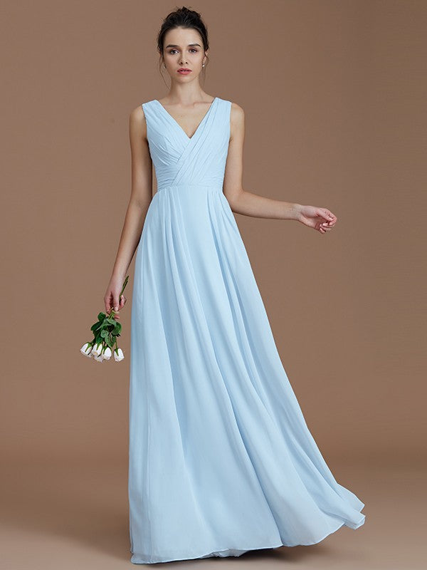 V-Neck Elegant Sleeveless Ruched Chiffon Bridesmaid Dresses-Ballbella