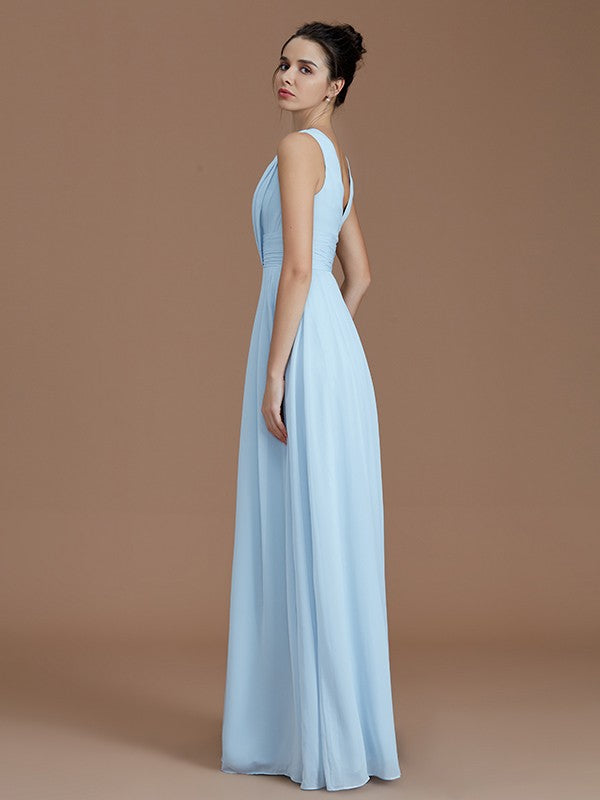 V-Neck Elegant Sleeveless Ruched Chiffon Bridesmaid Dresses-Ballbella