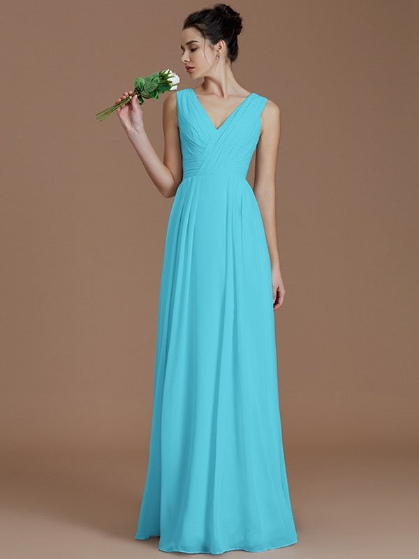 V-Neck Elegant Sleeveless Ruched Chiffon Bridesmaid Dresses-Ballbella