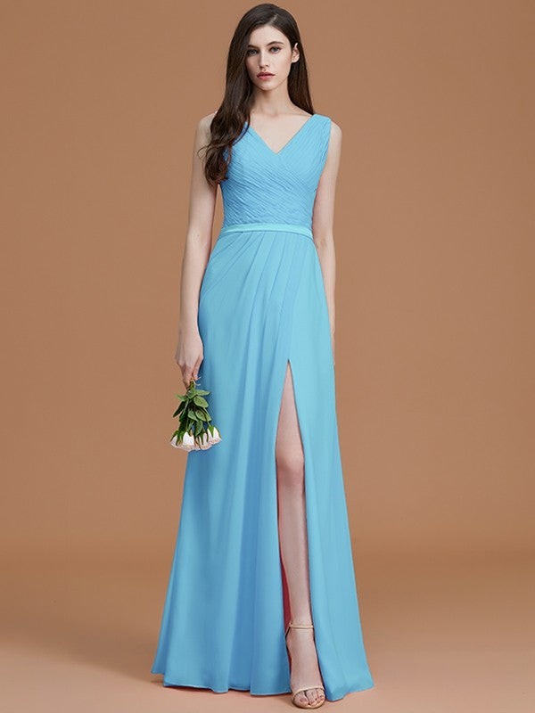 navy blue dress for baby girl Wedtrend Women A Line High Neck Pleated Long Chiffon Bridesmaid Dress with Ruffles Formal Dress, Dusty Blue main image 0