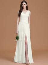 A-Line Charming V-neck Sleeveless Ruched Chiffon Bridesmaid Dresses