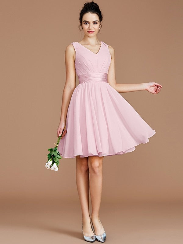 V-Neck Elegant Sleeveless Sash/Ribbon/Belt Short/Mini Chiffon Bridesmaid Dresses-Ballbella