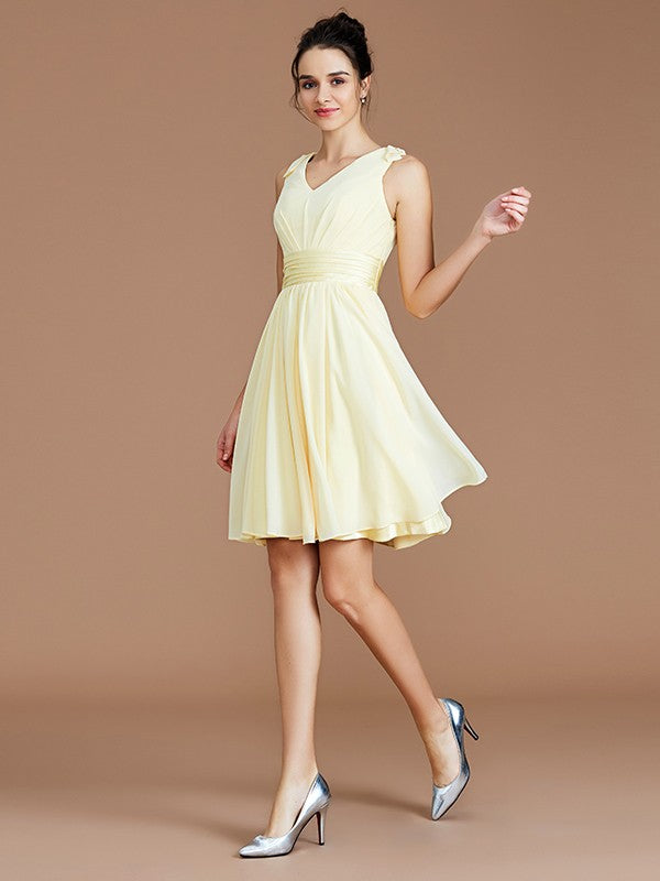 V-Neck Elegant Sleeveless Sash/Ribbon/Belt Short/Mini Chiffon Bridesmaid Dresses-Ballbella