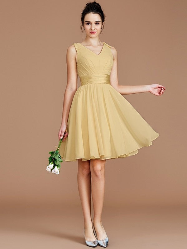 A-Line Charming V-neck Sleeveless Sash/Ribbon/Belt Short/Mini Chiffon Bridesmaid Dresses