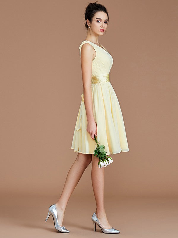 A-Line Charming V-neck Sleeveless Sash/Ribbon/Belt Short/Mini Chiffon Bridesmaid Dresses