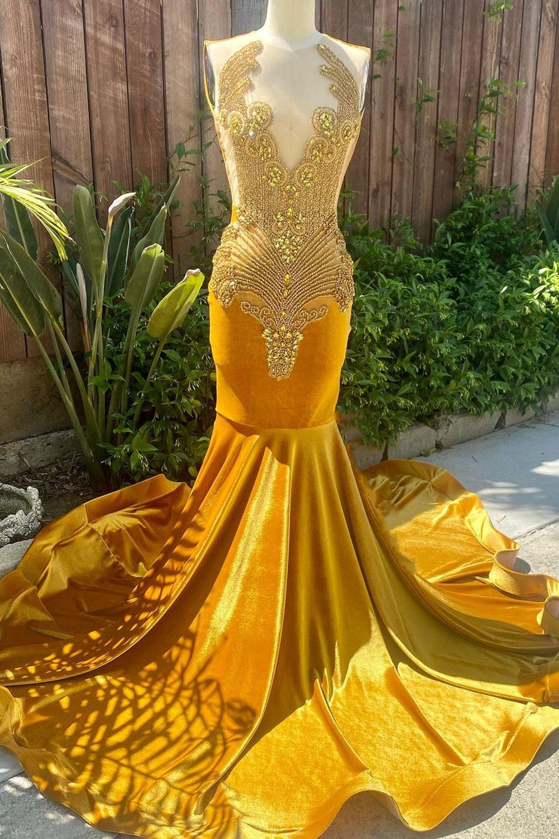 V-Neck Gold Velvet Sleeveless Mermaid Long Court Train Prom Dresses V-Neck Gold Velvet Sleeveless Mermaid Long Court Train Prom Dresses