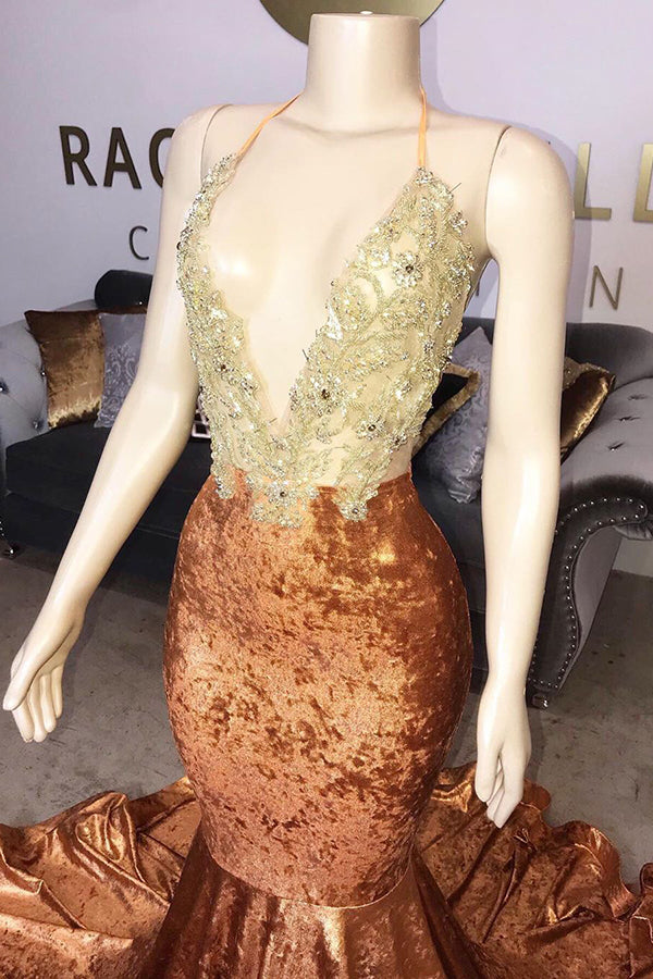 Looking for Prom Dresses, Evening Dresses, Real Model Series in Velvet,  Mermaid style,  and Gorgeous Appliques work? Ballbella has all covered on this elegant V-neck Halter Beading Sequins Court Train Mermaid Prom Dresses.