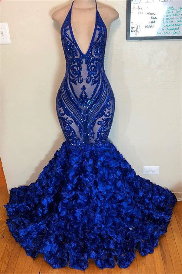 Ballbella offers V-neck Halter Sequins Pattern Floral Sweep Train Prom Dresses at a cheap price from  Mermaid hem.. Get prom  ready with our Gorgeous yet affordable Sleeveless Real Model Series.