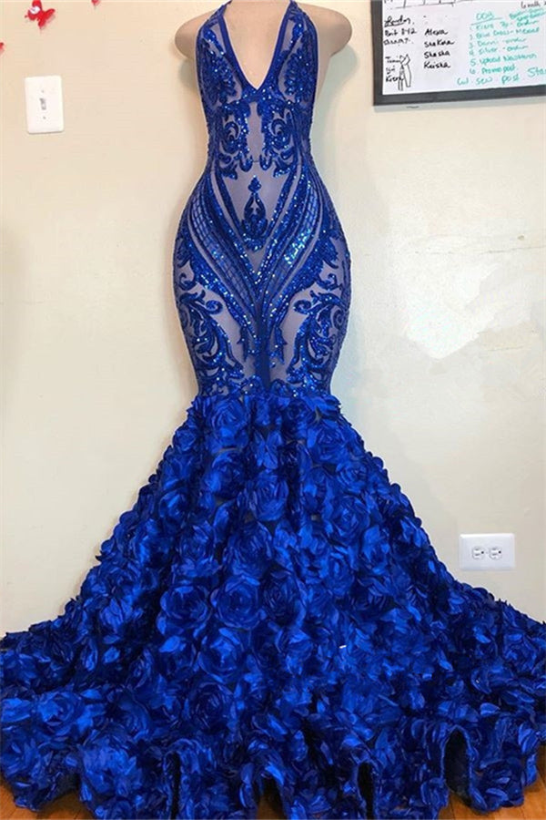 Ballbella offers V-neck Halter Sequins Pattern Floral Sweep Train Prom Dresses at a cheap price from  Mermaid hem.. Get prom  ready with our Gorgeous yet affordable Sleeveless Real Model Series.
