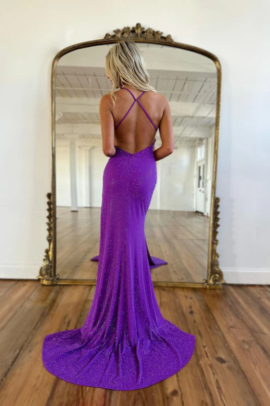 V-neck Hot Backless Regency High Split Court Train Prom Dress-Ballbella