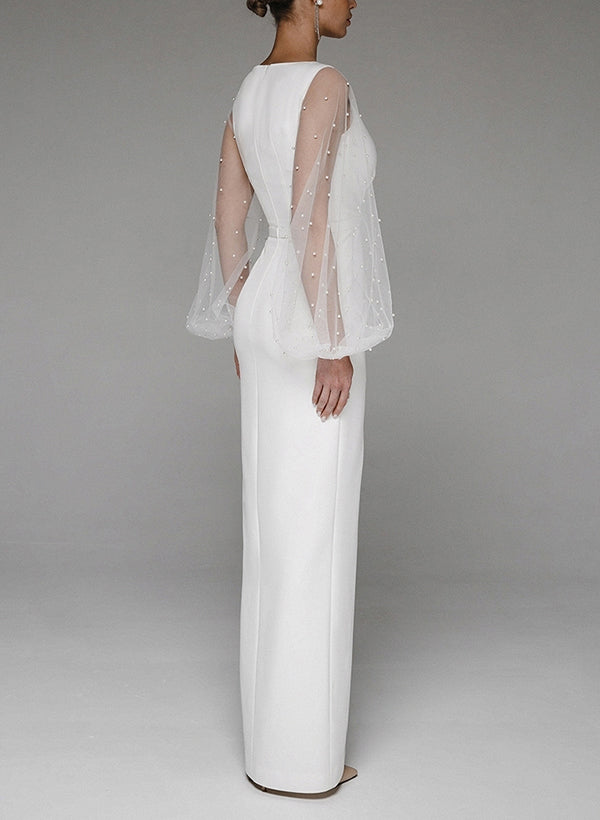 V-Neck Long Sleeve Floor-Length Wedding Dresses-Ballbella