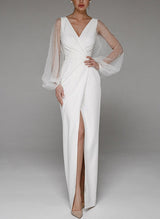 V-Neck Long Sleeve Floor-Length Wedding Dresses-Ballbella