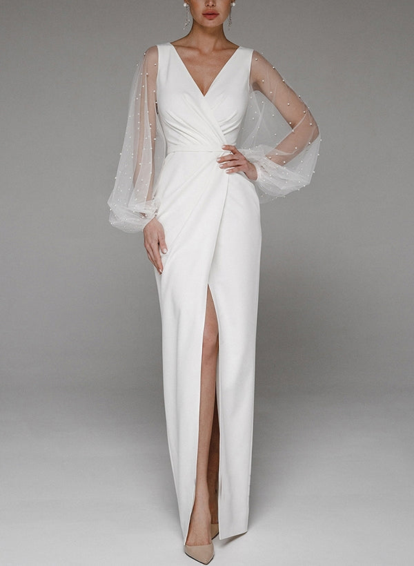 V-Neck Long Sleeve Floor-Length Wedding Dresses-Ballbella