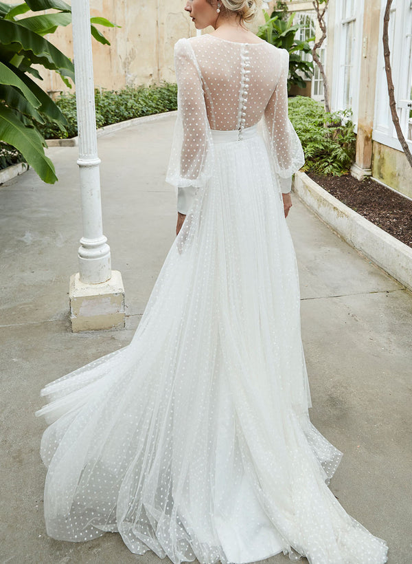 V-Neck Long Sleeves Tulle Chic A-line Wedding Dresses-Ballbella