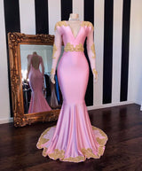 Looking for Prom Dresses, Evening Dresses, Real Model Series in Satin,  Mermaid style,  and Gorgeous Pattern work? Ballbella has all covered on this elegant V-neck Long Sleevess Open Back Pink Mermaid Appliques Prom Gowns.