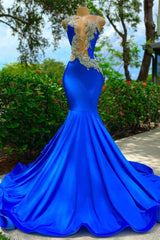 V-neck Mermaid Appliques Lace Sequined Open Back One Shoulder Floor-length Sleeveless Prom Dress-Ballbella