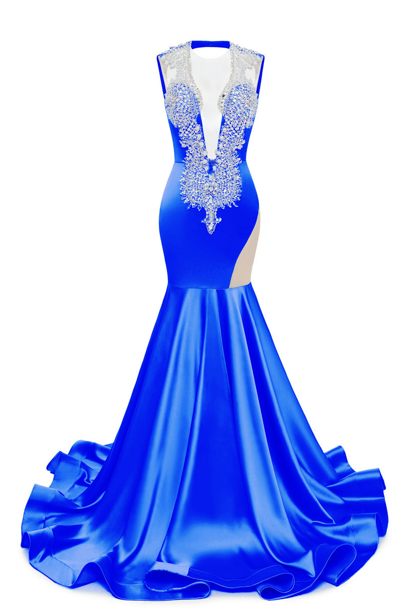 V-Neck Mermaid Brush Train Hollow Sleeveless Beading Evening Dress-Ballbella