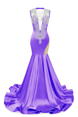 V-Neck Mermaid Brush Train Hollow Sleeveless Beading Evening Dress-Ballbella