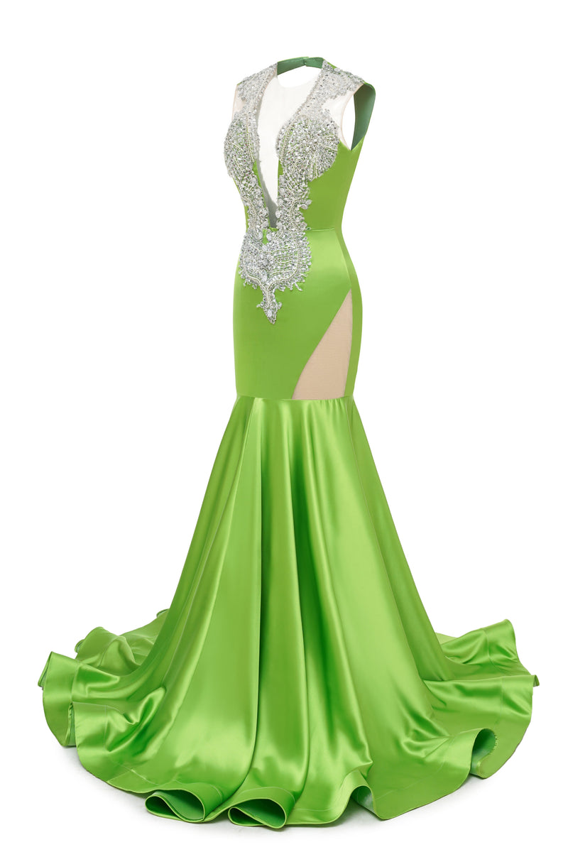 V-Neck Mermaid Brush Train Hollow Sleeveless Beading Evening Dress-Ballbella