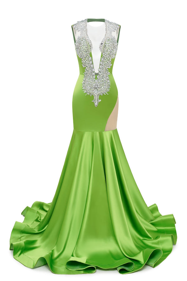 V-Neck Mermaid Brush Train Hollow Sleeveless Beading Evening Dress-Ballbella