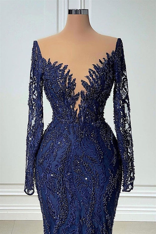 V-neck Mermaid Lace Floor-length Long Sleeve Sequined Prom Dress-Ballbella