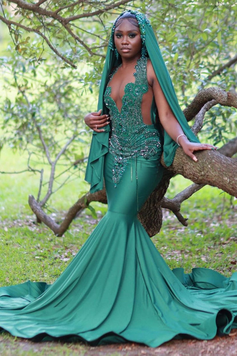 V-Neck Mermaid Sleeveless Beading Sweep Train Prom Dress V-Neck Mermaid Sleeveless Beading Sweep Train Prom Dress