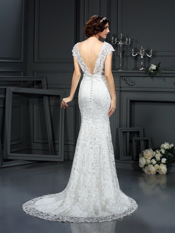 This V-neck Mermaid Sleeveless Lace Long Wedding Dresses at ballbella at ballbella.com, this dress will make your guests say wow. The V-neck bodice is thoughtfully lined, and the Floor-length skirt with Lace to provide the airy, flatter look of Lace.