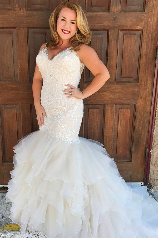 V neck Mermaid Sleeveless White Beach Wedding Dresses-Ballbella