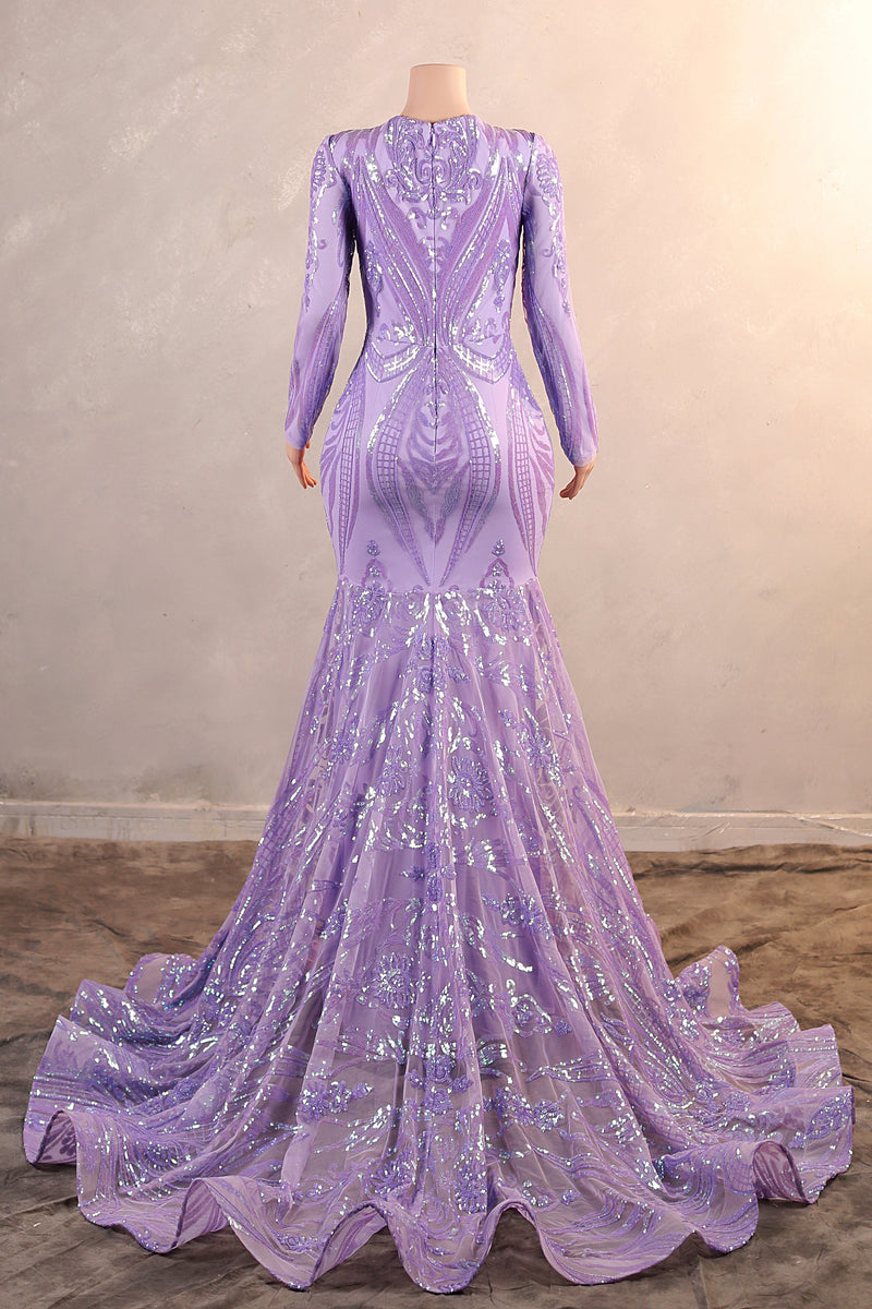 V-Neck Mermaid Sweep Train Sequins Zipper Long Sleeve Evening Dress-Ballbella