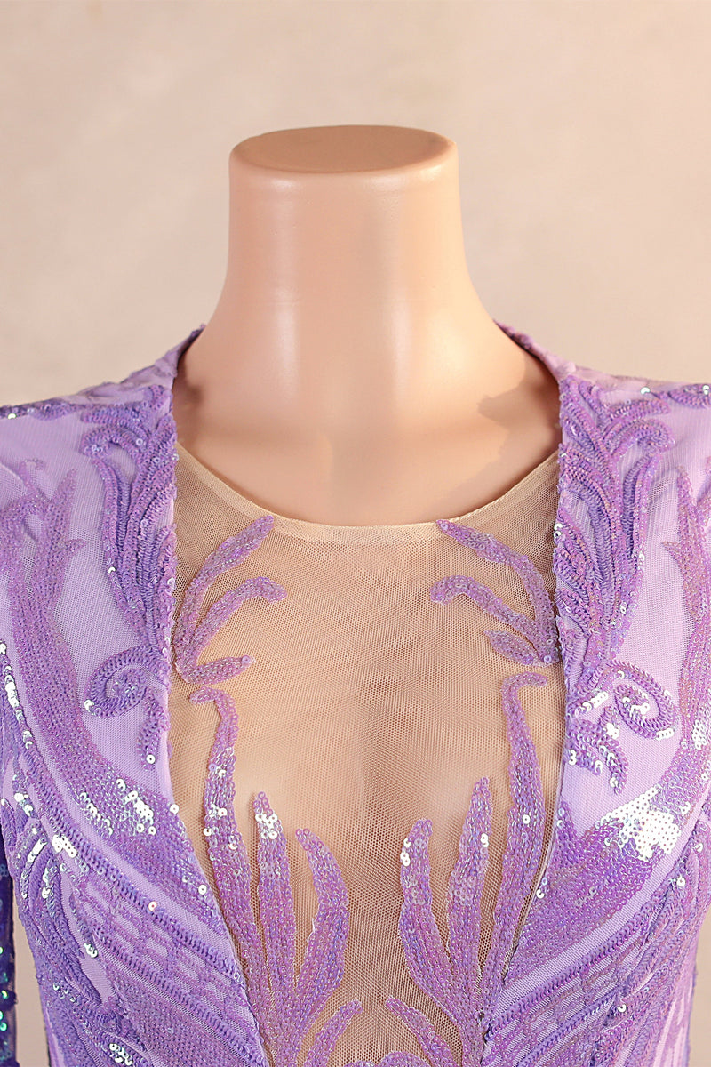 V-Neck Mermaid Sweep Train Sequins Zipper Long Sleeve Evening Dress-Ballbella