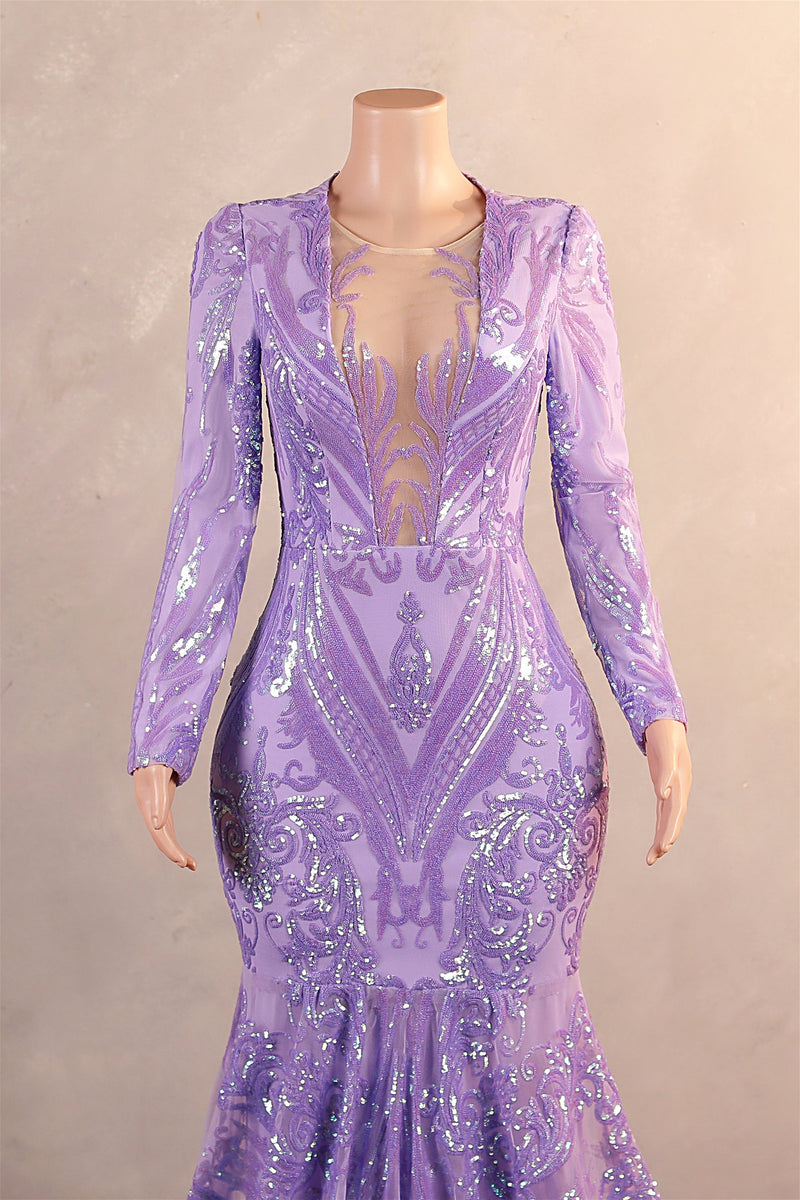 V-Neck Mermaid Sweep Train Sequins Zipper Long Sleeve Evening Dress-Ballbella