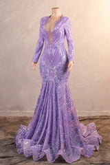 V-Neck Mermaid Sweep Train Sequins Zipper Long Sleeve Evening Dress-Ballbella