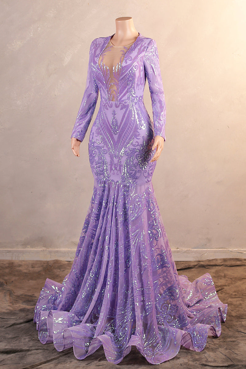 V-Neck Mermaid Sweep Train Sequins Zipper Long Sleeve Evening Dress-Ballbella