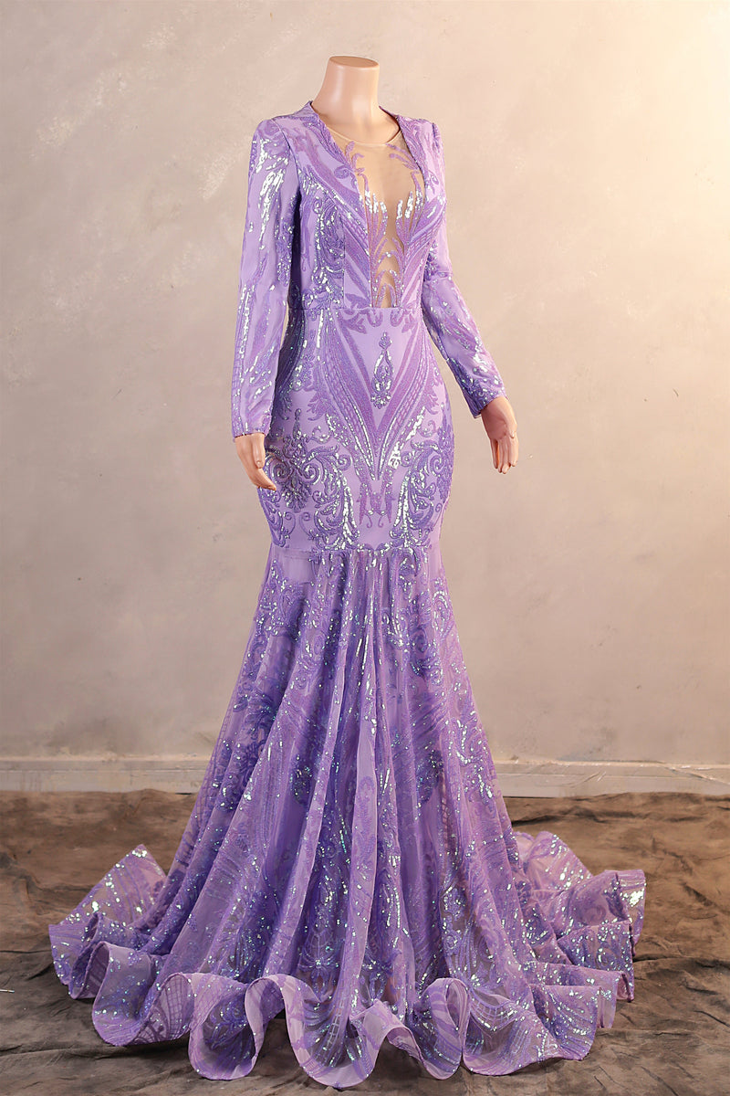 V-Neck Mermaid Sweep Train Sequins Zipper Long Sleeve Evening Dress-Ballbella