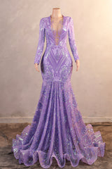 V-Neck Mermaid Sweep Train Sequins Zipper Long Sleeve Evening Dress-Ballbella