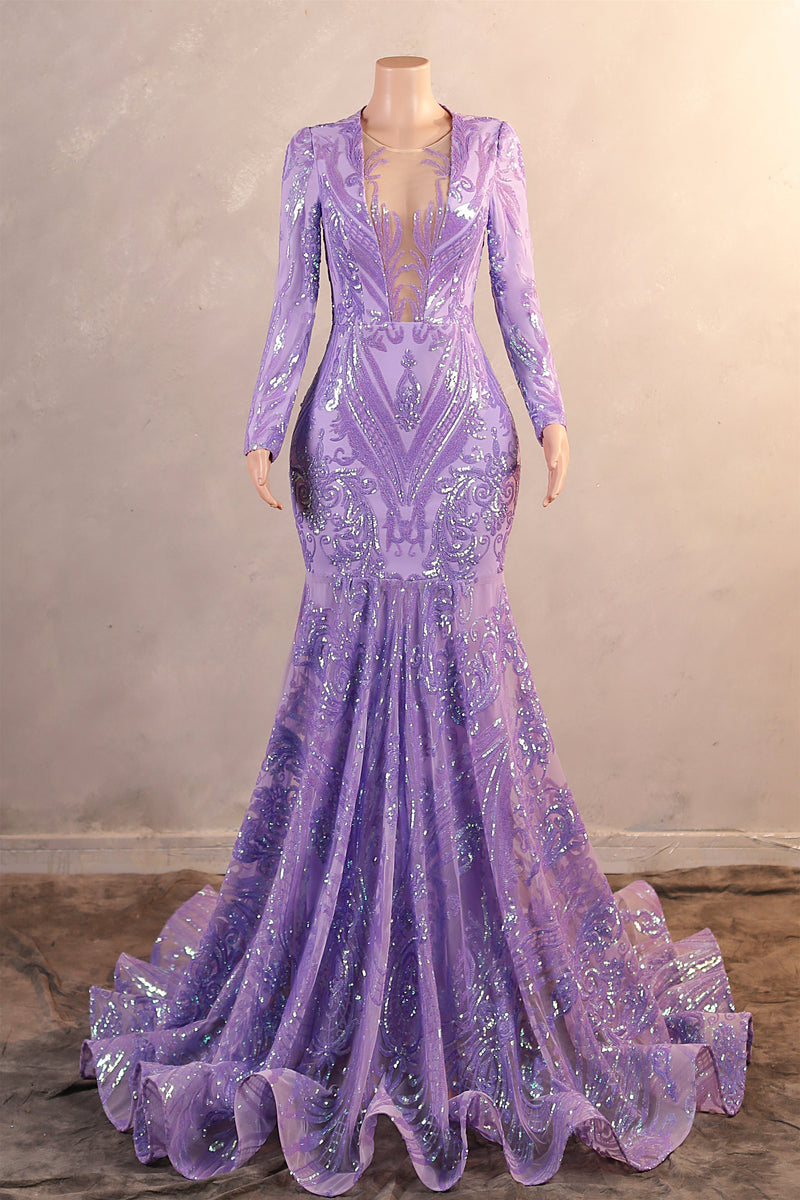 V-Neck Mermaid Sweep Train Sequins Zipper Long Sleeve Evening Dress-Ballbella