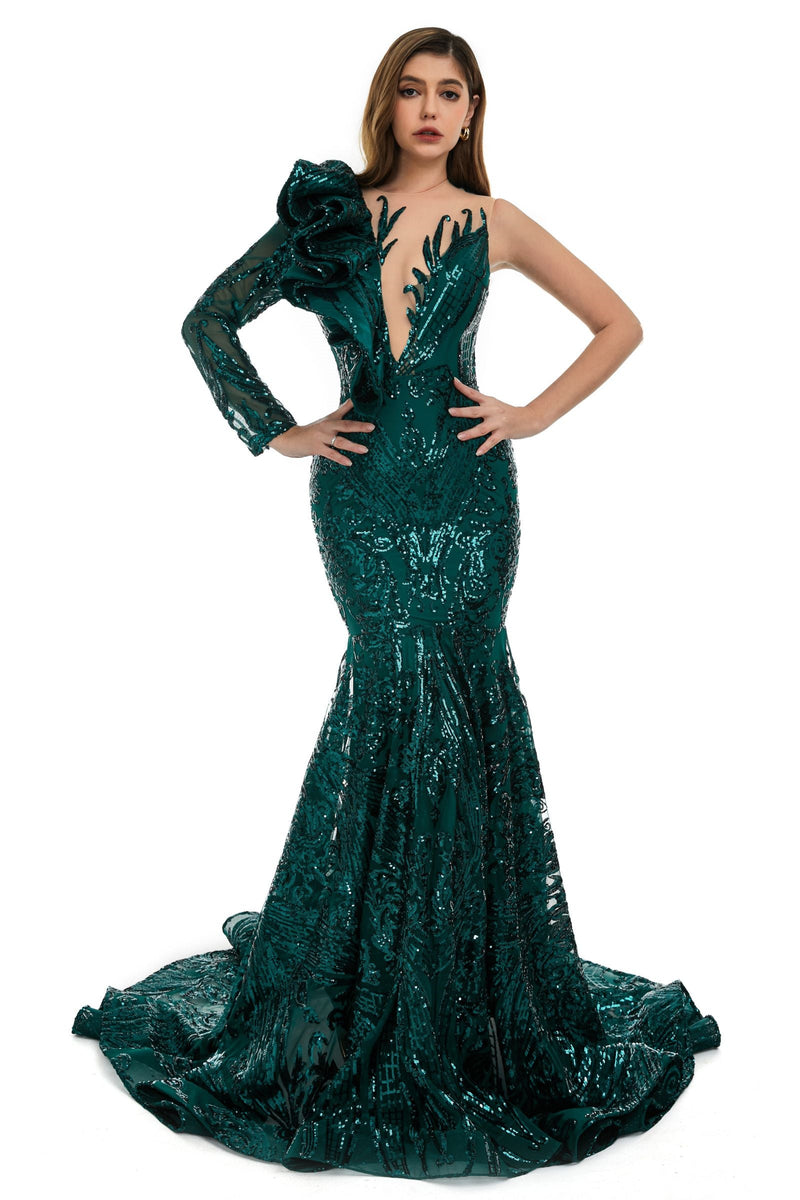 Deep V Neck One Shoulder Sequins Decorated Evening Dress
