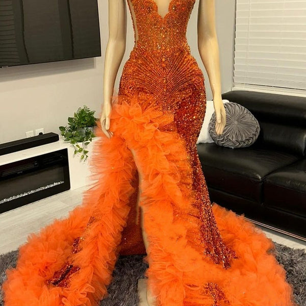 V-neck Orange Beaded Tulle Ruffles Sequin Prom Dresses V-neck Orange Beaded Tulle Ruffles Sequin Prom Dresses