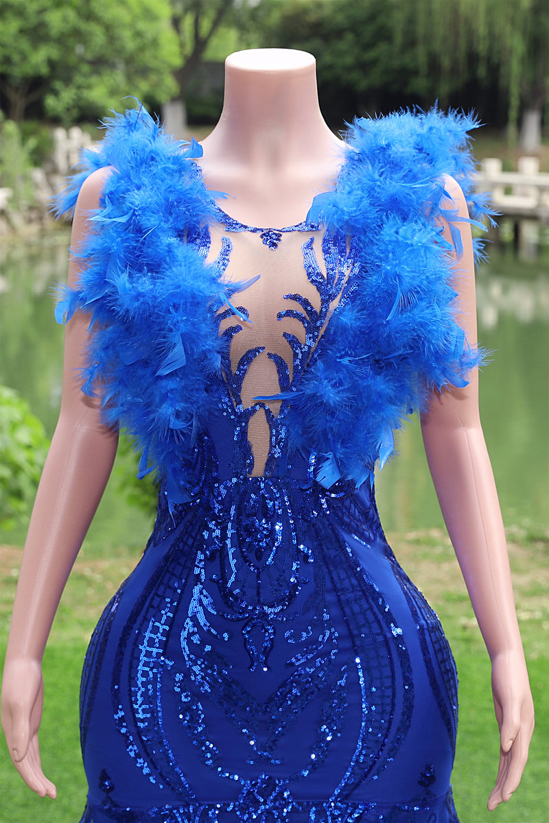 V-neck Royal Blue Feathers Sparkle Sequin Sleeveless Prom Dresses V-neck Royal Blue Feathers Sparkle Sequin Sleeveless Prom Dresses