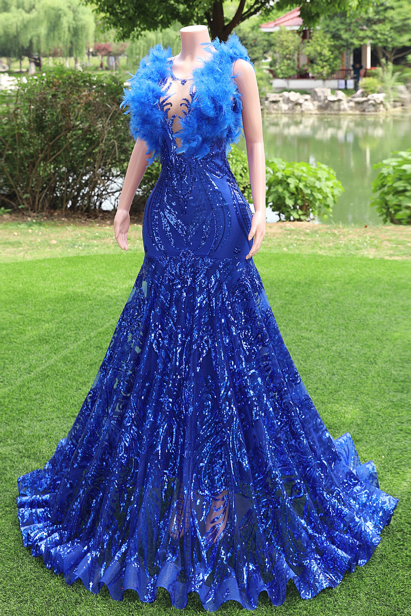 V-neck Royal Blue Feathers Sparkle Sequin Sleeveless Prom Dresses V-neck Royal Blue Feathers Sparkle Sequin Sleeveless Prom Dresses