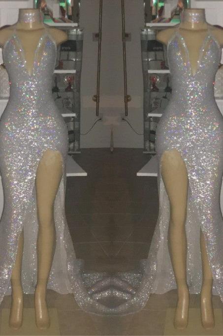 V-neck Sequins Mermaid Front Slit Floor Length Prom Dresses-Ballbella
