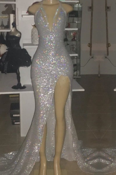 Ballbella offers V-neck Sequins Mermaid Front Slit Floor Length Prom Dresses at a cheap price from  Sequined to Floor-length hem..Get ready for prom 2022 with our Gorgeous yet affordable Sleeveless Real Model Series.