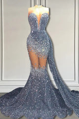 V-Neck Sequins Prom Dress Mermaid Sleeveless Crystal.-Ballbella