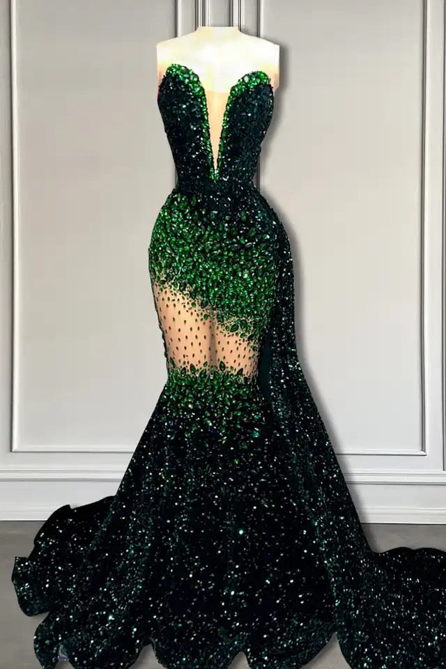 V-Neck Sequins Prom Dress Mermaid Sleeveless Crystal.-Ballbella