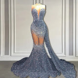 V-Neck Sequins Prom Dress Mermaid Sleeveless Crystal.-Ballbella