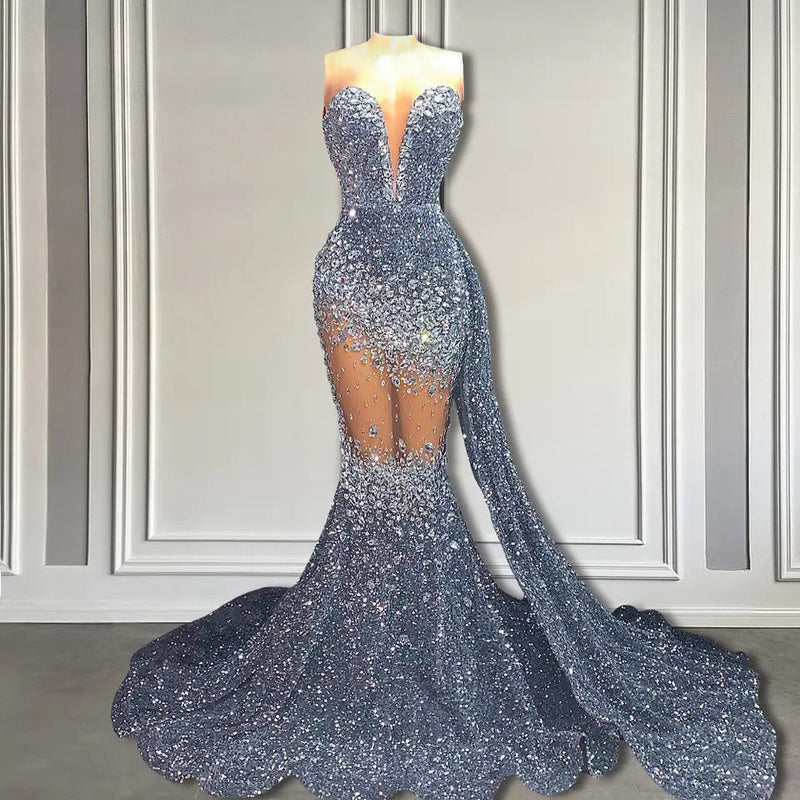 V-Neck Sequins Prom Dress Mermaid Sleeveless Crystal.-Ballbella