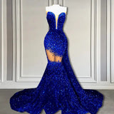 V-Neck Sequins Prom Dress Mermaid Sleeveless Crystal.-Ballbella